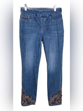 Chico's Midwash Blue Cropped Jeans with Embroidered & Gem Hem 💕